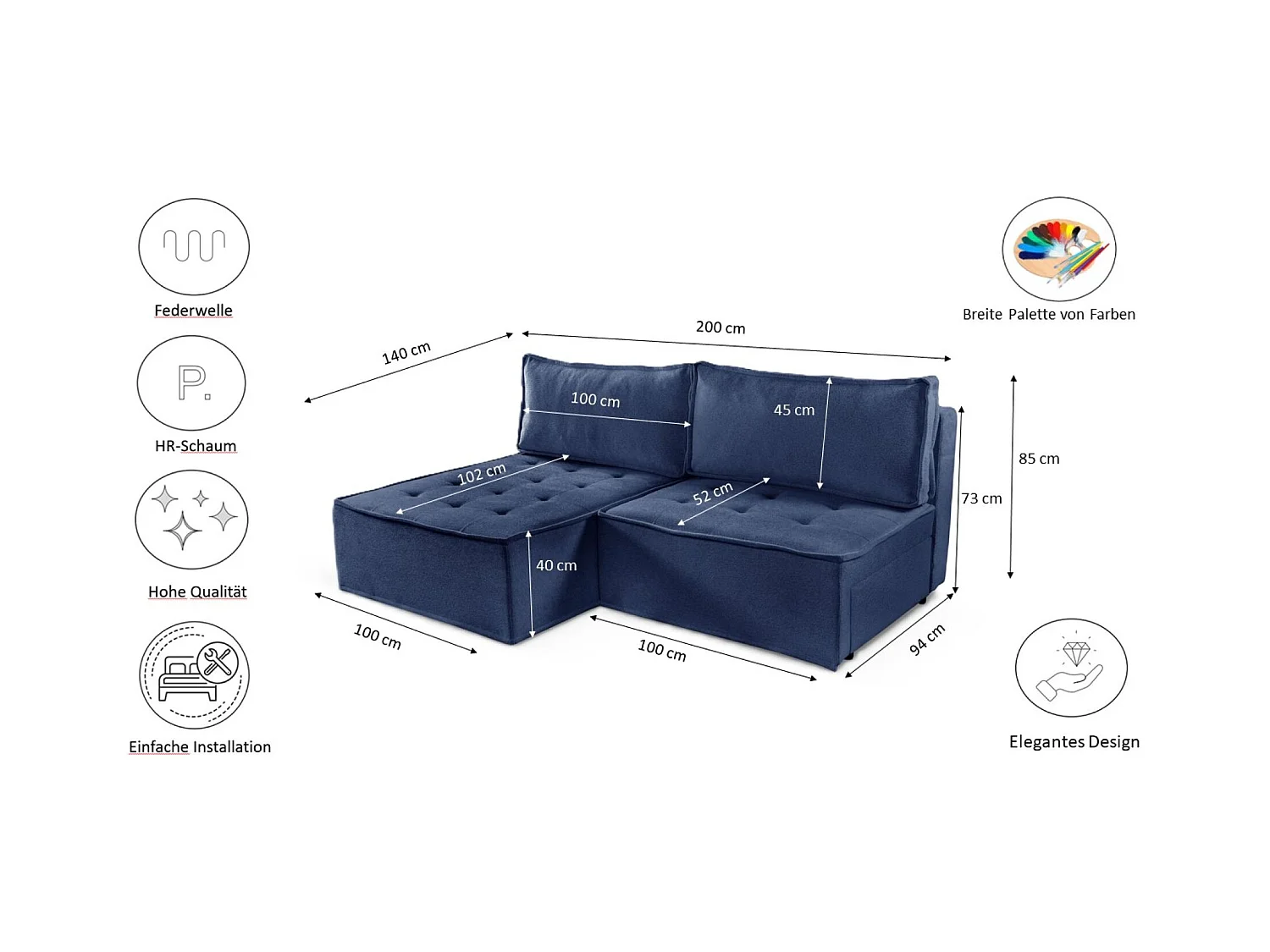 Bohoo Mini canapé d'angle avec fonction couchage, tissu Raven, bleu, gauche