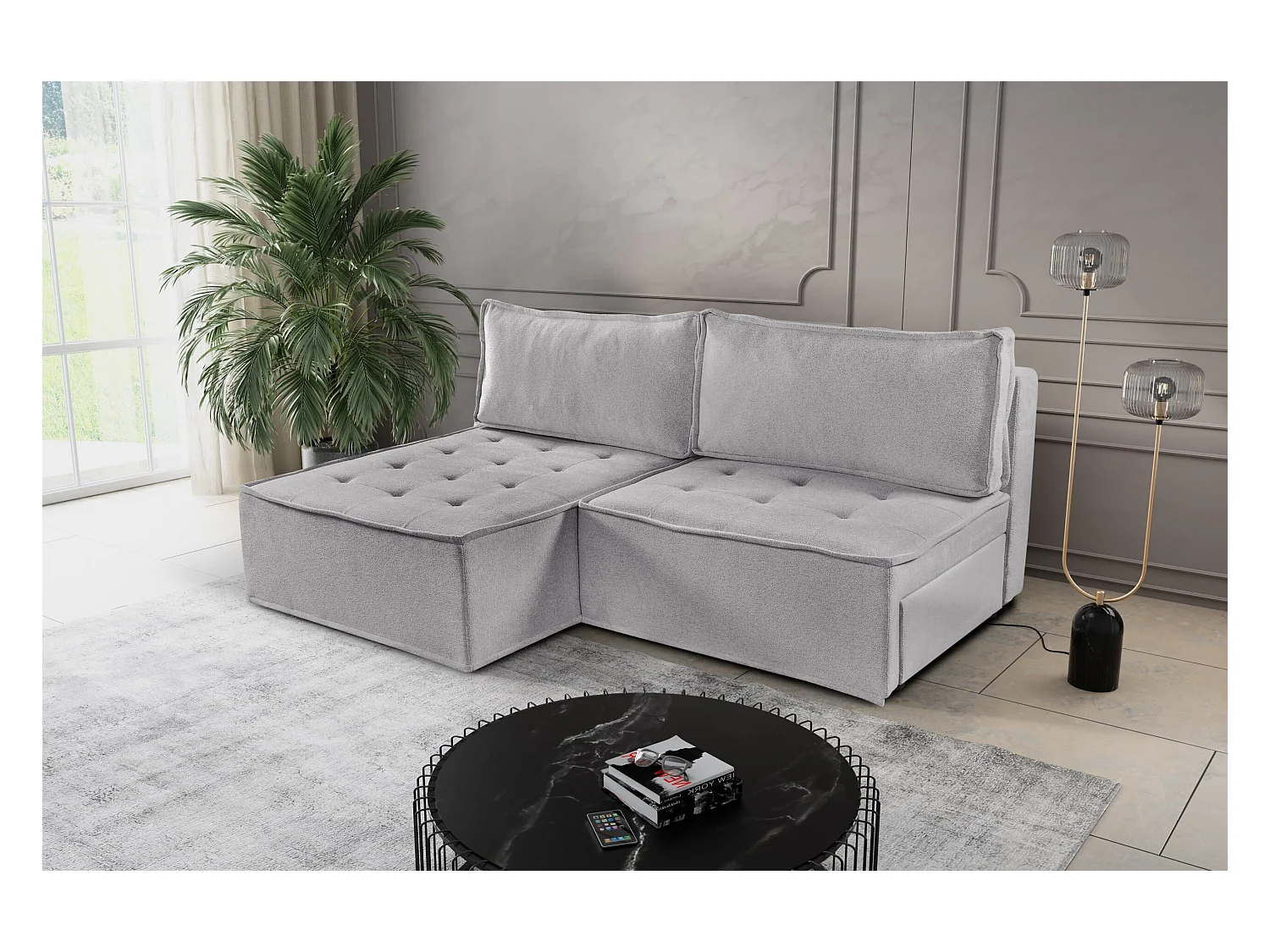 Canapé d'angle Bohoo Mini avec fonction couchage, tissu Raven, beige foncé, gauche