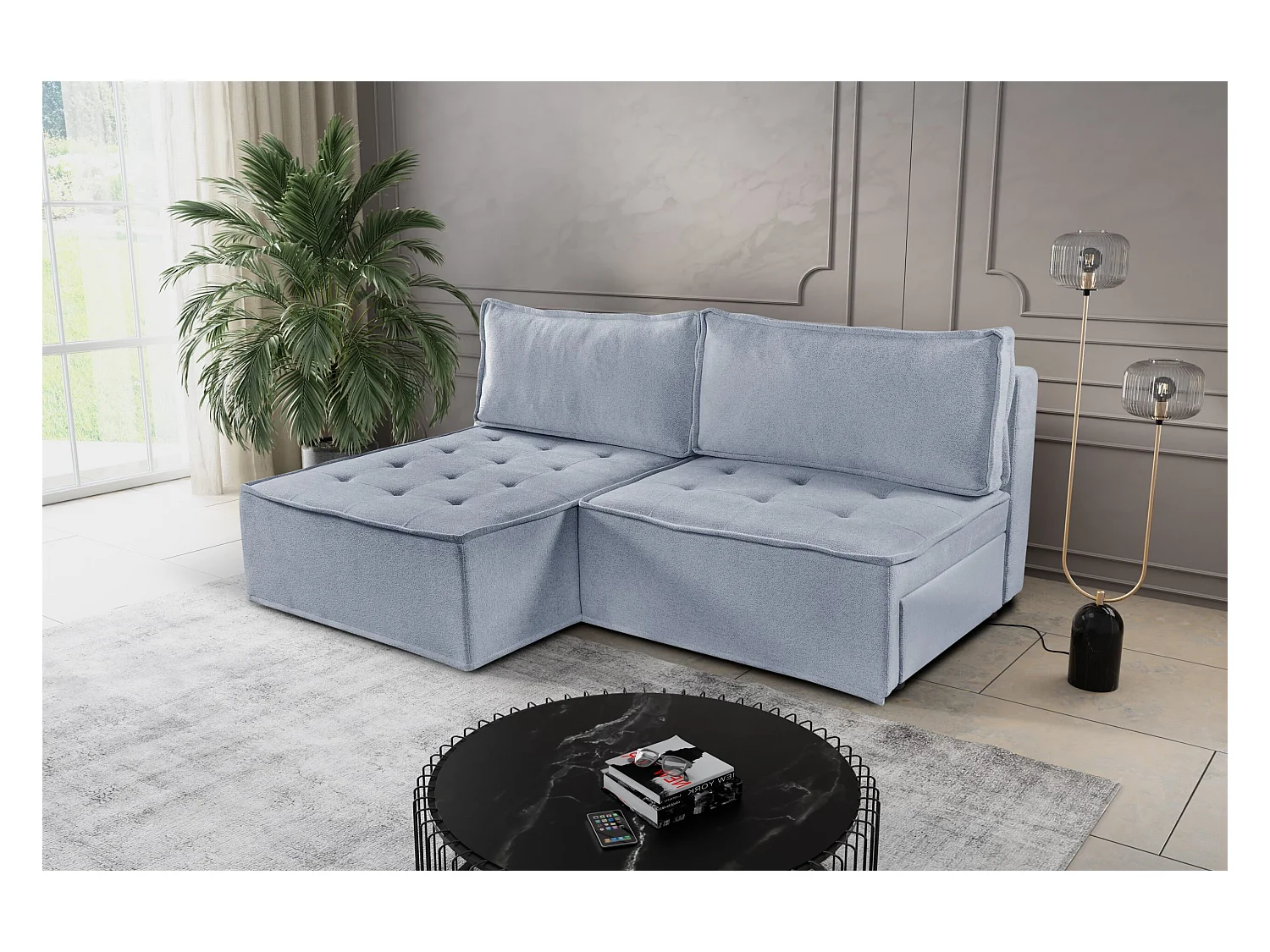 Canapé d'angle Bohoo Mini avec fonction couchage, tissu Raven, gris clair, gauche