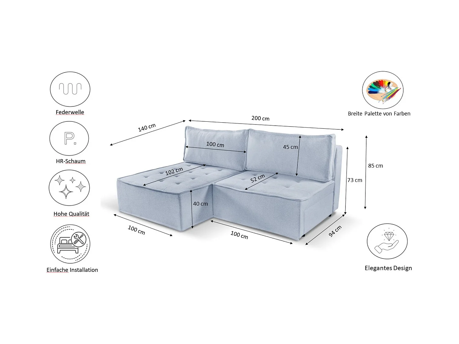 Canapé d'angle Bohoo Mini avec fonction couchage, tissu Raven, gris clair, gauche