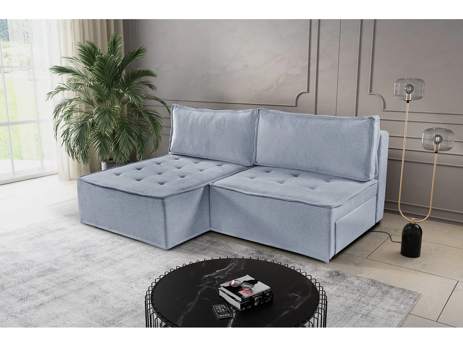 Canapé d'angle Bohoo Mini avec fonction couchage, tissu Raven, gris clair, gauche