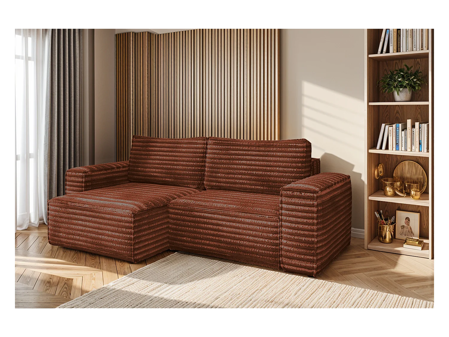 L-förmiges Bohoo-Ecksofa mit Schlaffunktion, Stoff Velo, Kupfer, Links