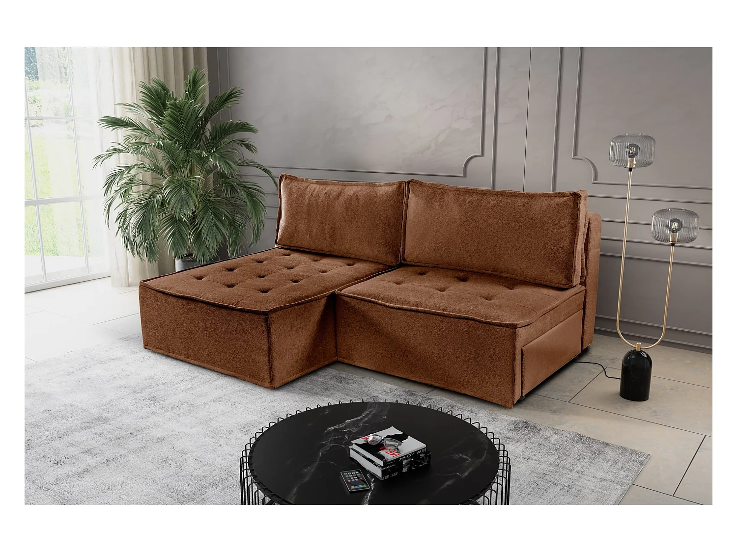 Bohoo Mini canapé d'angle avec fonction couchage, tissu Raven, brique, gauche