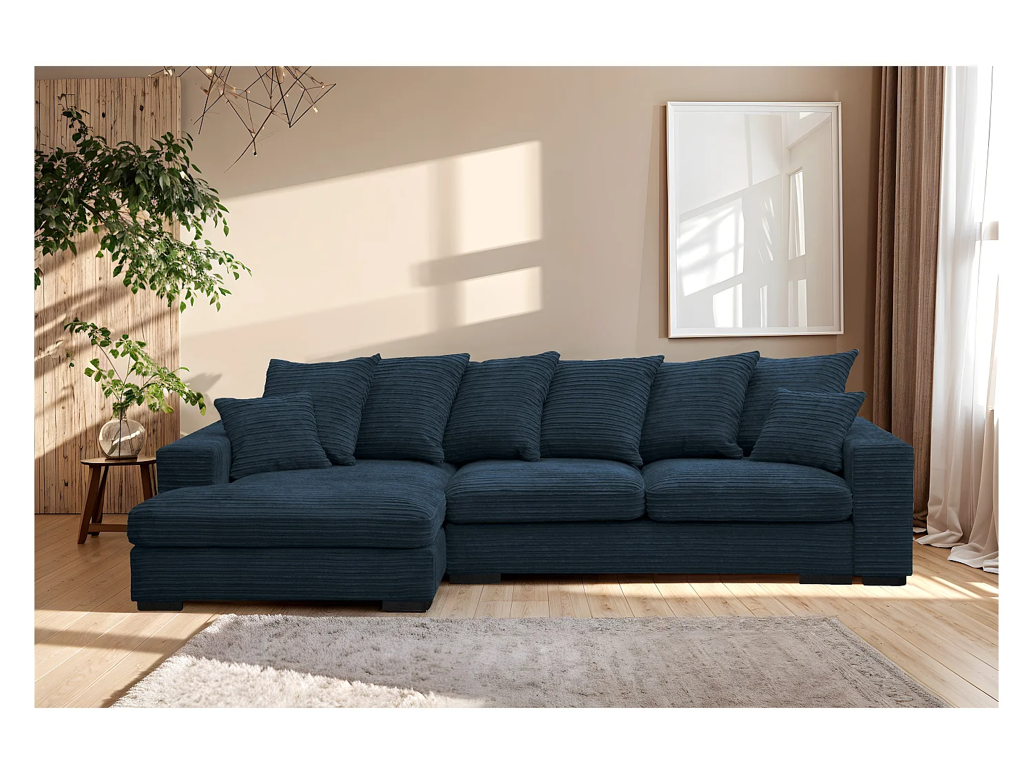 Canapé d'angle avec fonction couchage et coffre de lit, Canapé forme L, Canapé forme L tissu Gabon Zoom Bleu Gauche