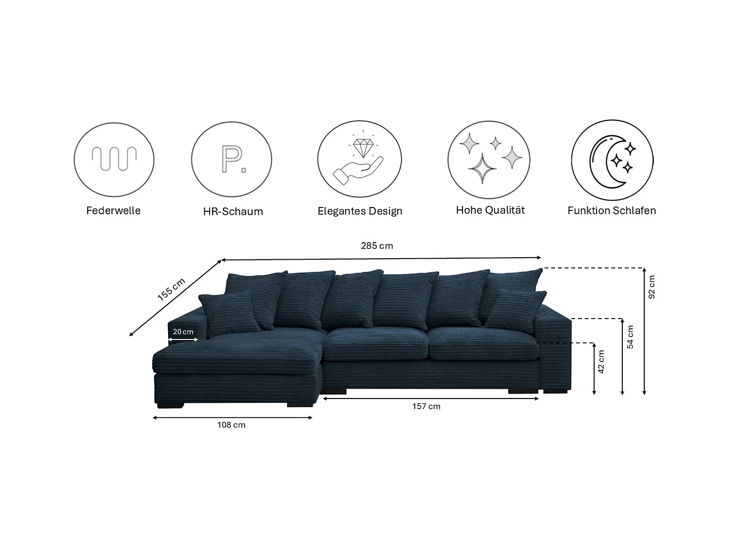 Canapé d'angle avec fonction couchage et coffre de lit, Canapé forme L, Canapé forme L tissu Gabon Zoom Bleu Gauche