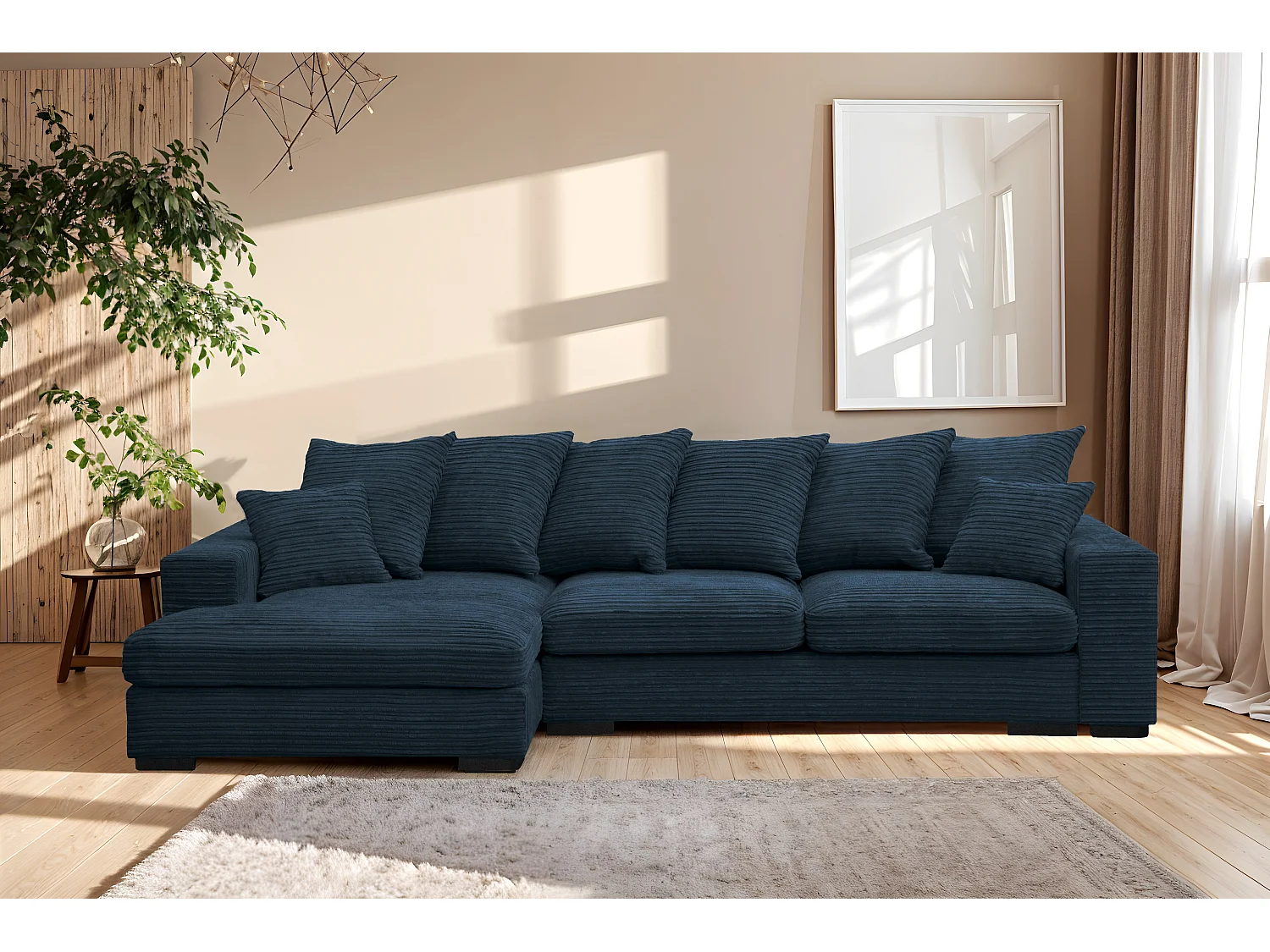 Canapé d'angle avec fonction couchage et coffre de lit, Canapé forme L, Canapé forme L tissu Gabon Zoom Bleu Gauche
