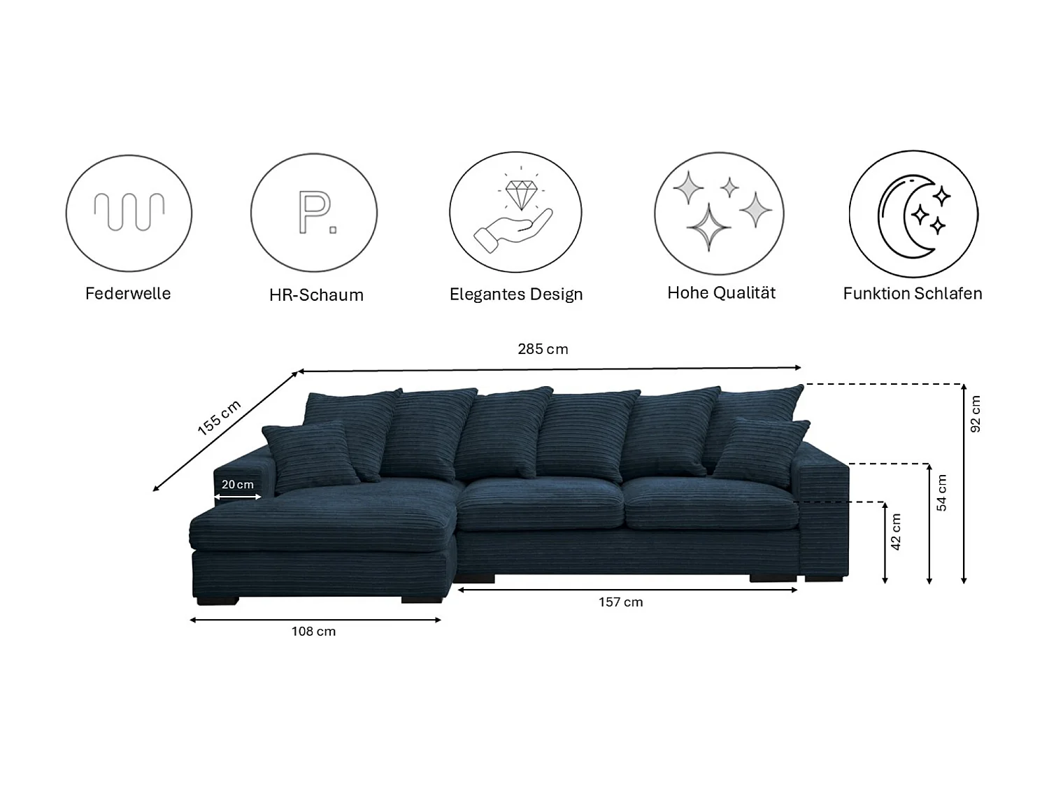 Canapé d'angle avec fonction couchage et coffre de lit, Canapé forme L, Canapé forme L tissu Gabon Zoom Bleu Gauche