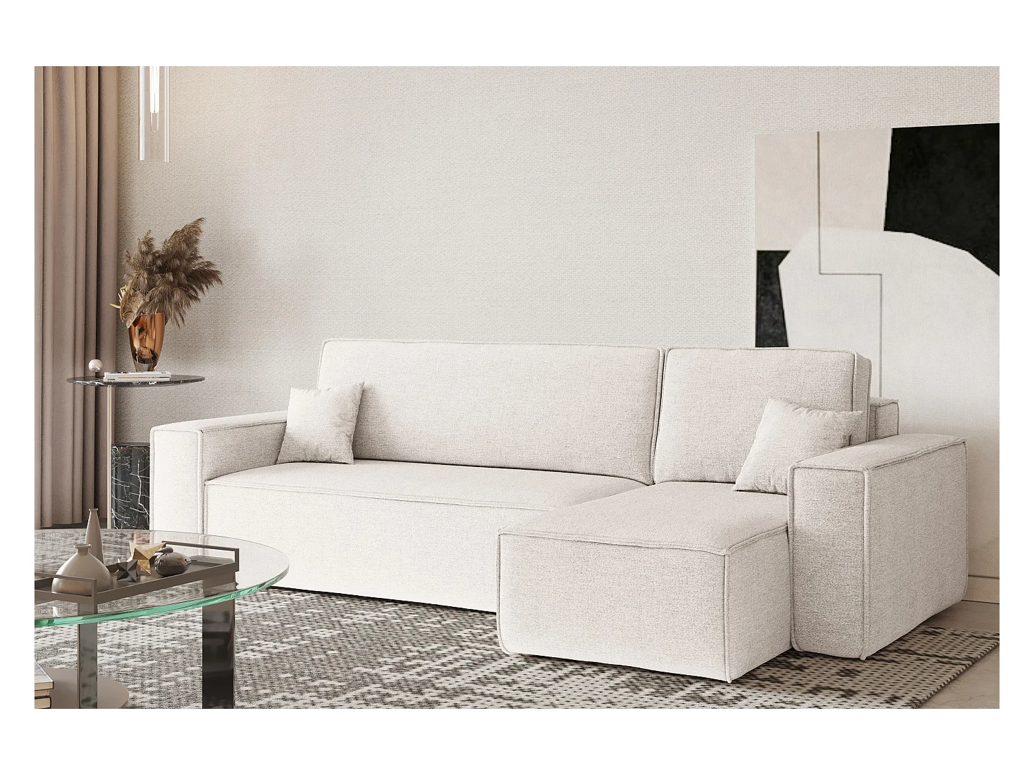 Canapé d'angle Best en L avec fonction couchage et coffre de lit, tissu Neve, écru, droit