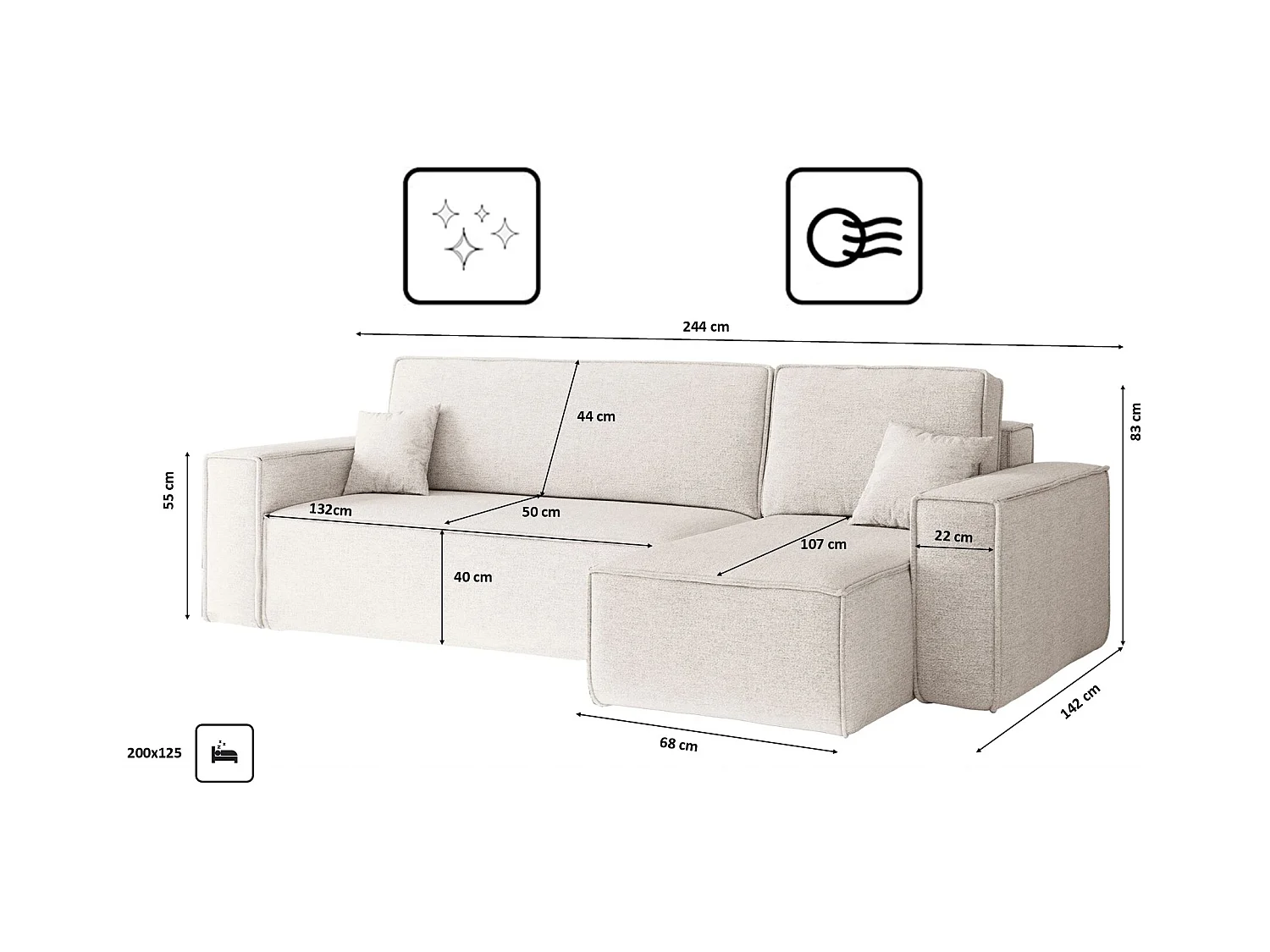 Canapé d'angle Best en L avec fonction couchage et coffre de lit, tissu Neve, écru, droit