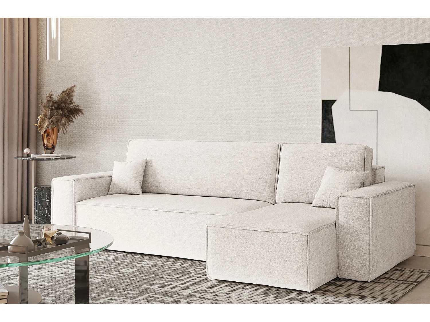 Canapé d'angle Best en L avec fonction couchage et coffre de lit, tissu Neve, écru, droit