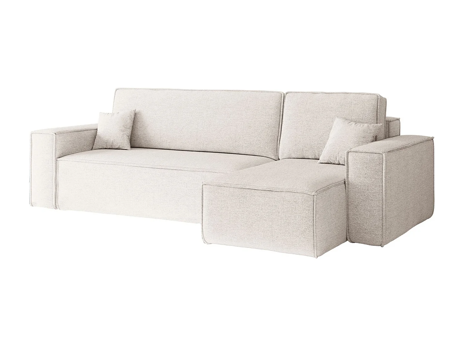 Canapé d'angle Best en L avec fonction couchage et coffre de lit, tissu Neve, écru, droit