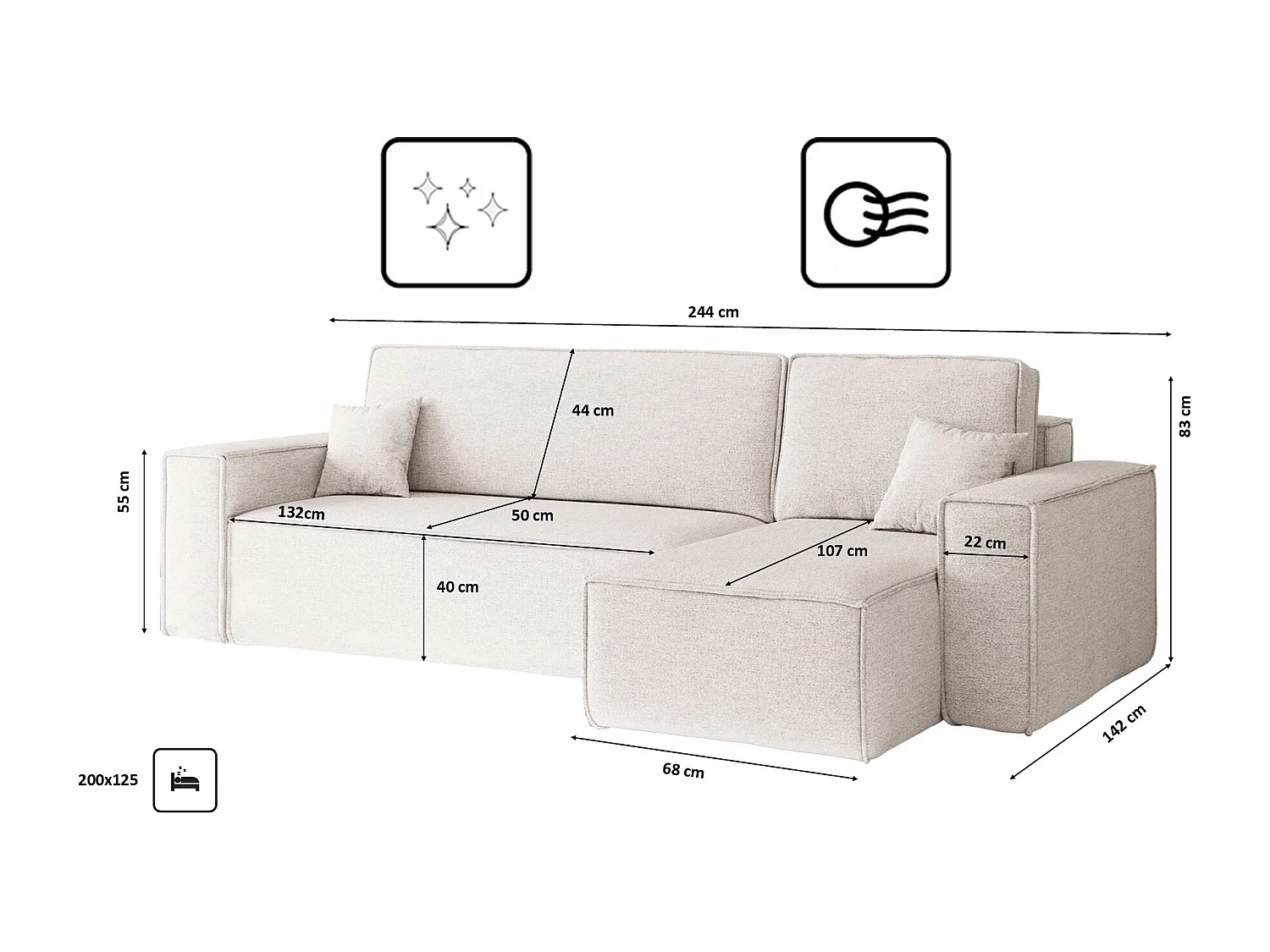 Canapé d'angle Best en L avec fonction couchage et coffre de lit, tissu Neve, écru, droit