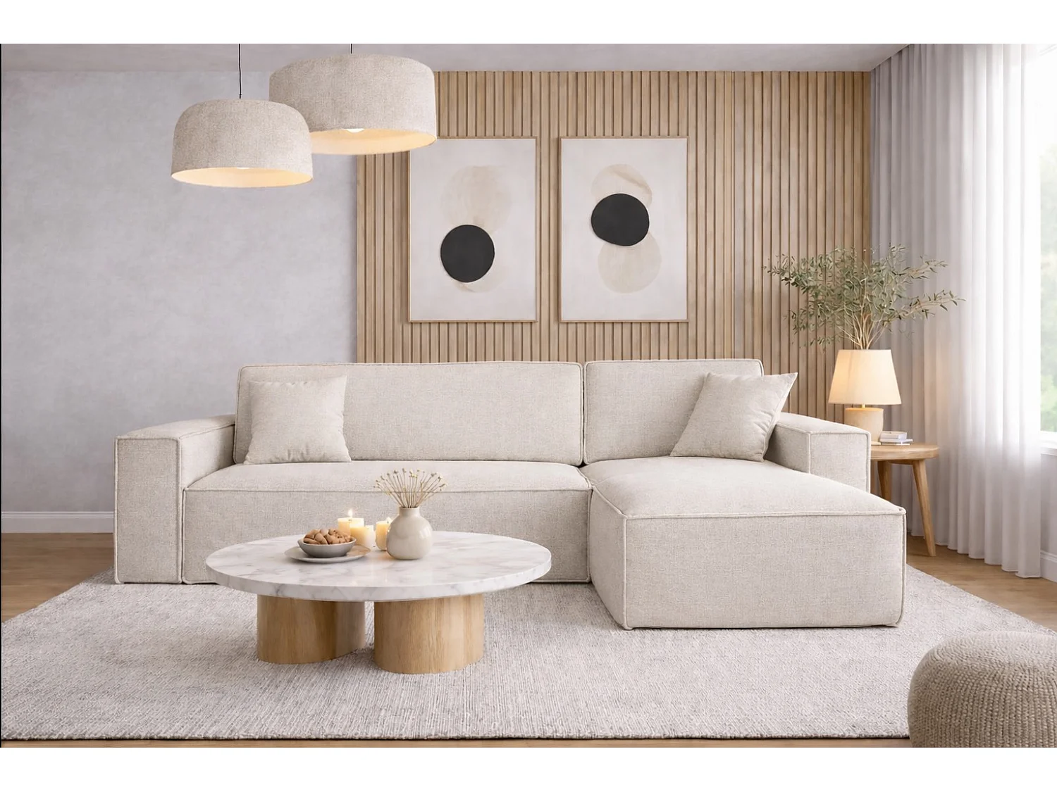 Narożnik BEST L z funkcją spania i pojemnikiem, tkanina Neve, Ecru, Prawy