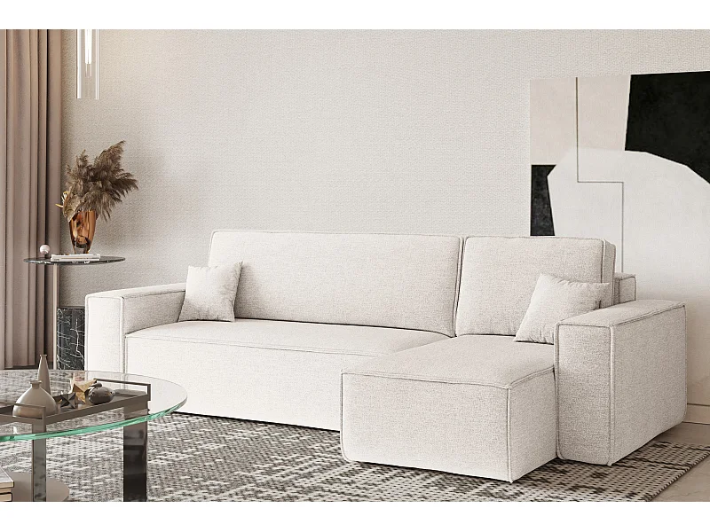 Divano angolare, Best L-shape con funzione letto e contenitore, tessuto Neve, ecrù, destra