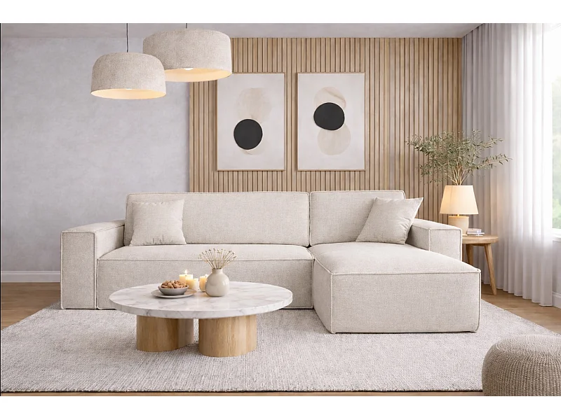 Canapé d'angle Best en L avec fonction couchage et coffre de lit, tissu Neve, écru, droit