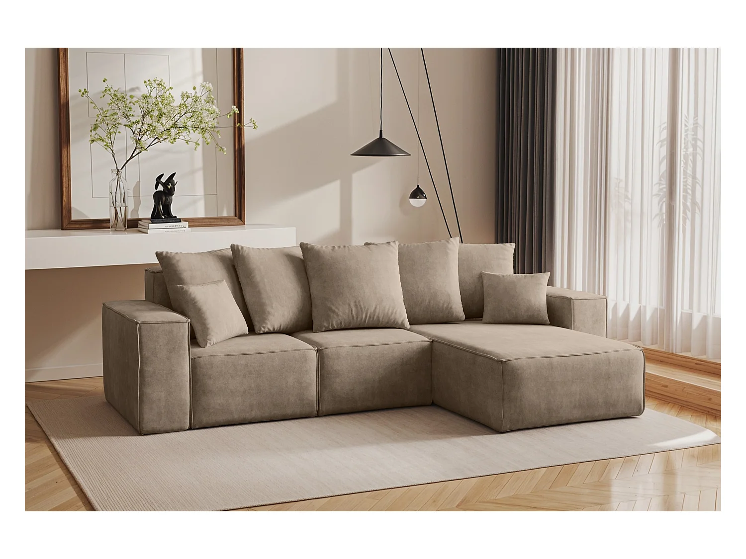 Canapé d'angle en L, collection premium ELLA, tissu Noel, beige, droit