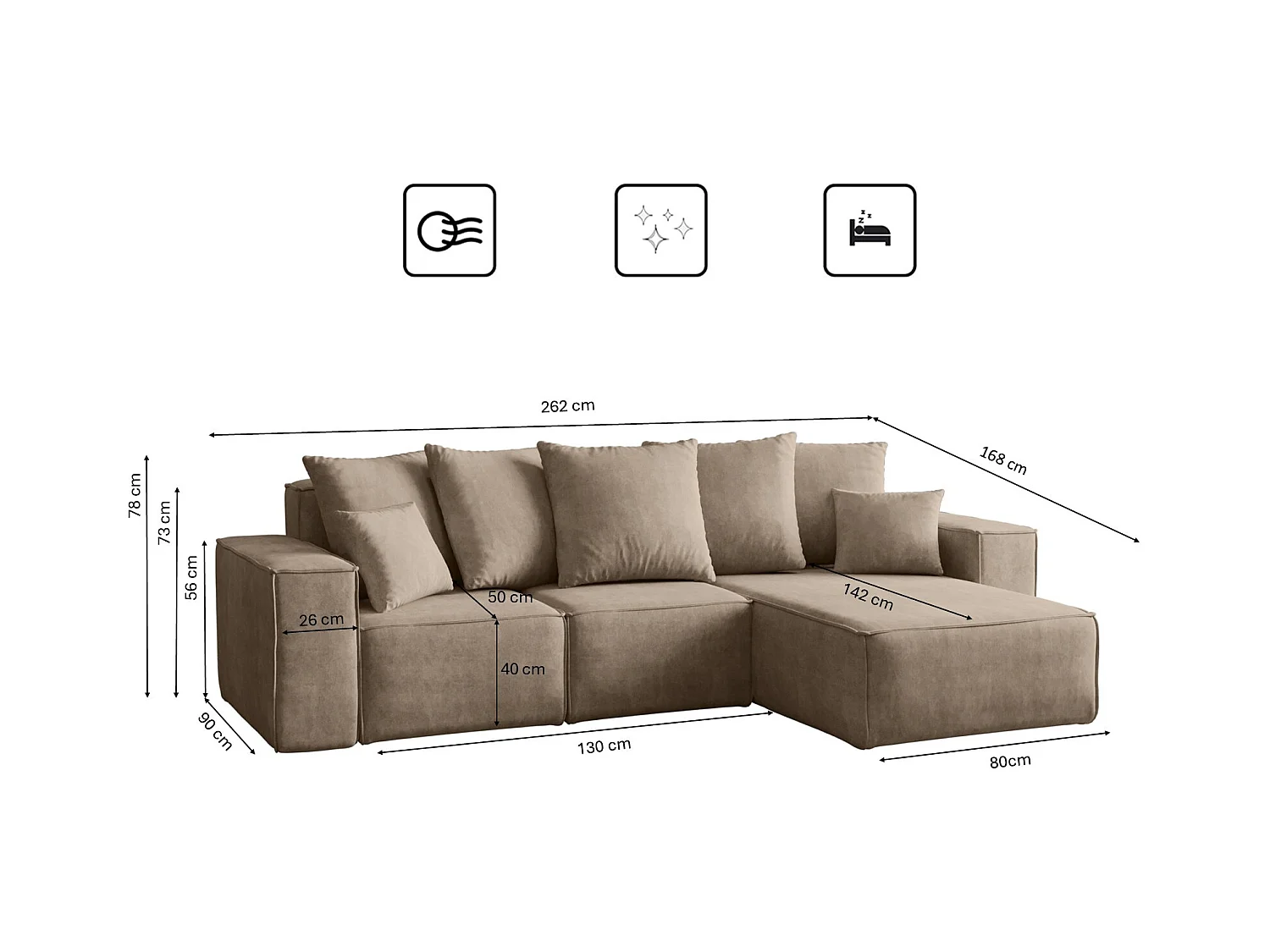 Canapé d'angle en L, collection premium ELLA, tissu Noel, beige, droit