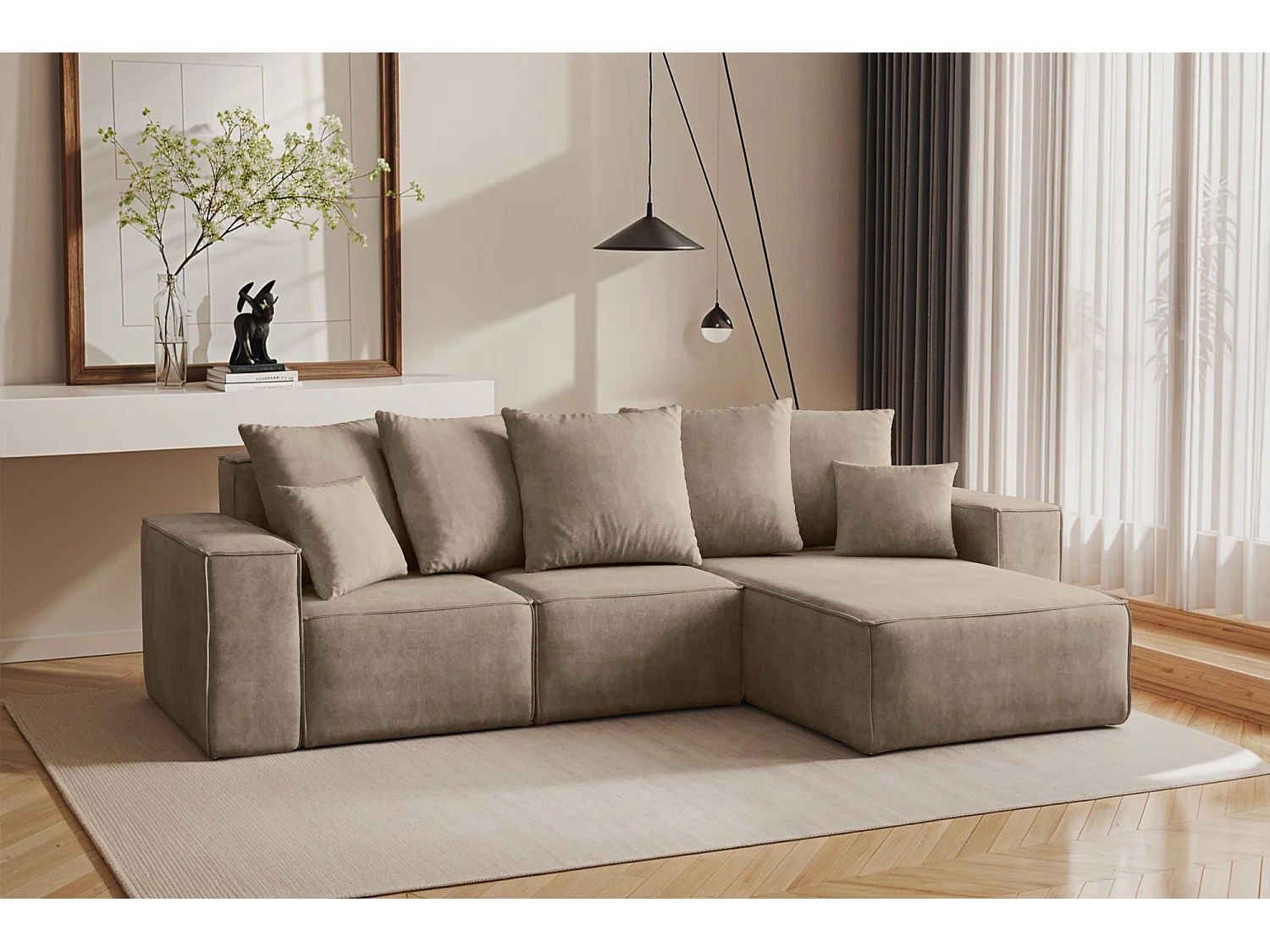 Canapé d'angle en L, collection premium ELLA, tissu Noel, beige, droit