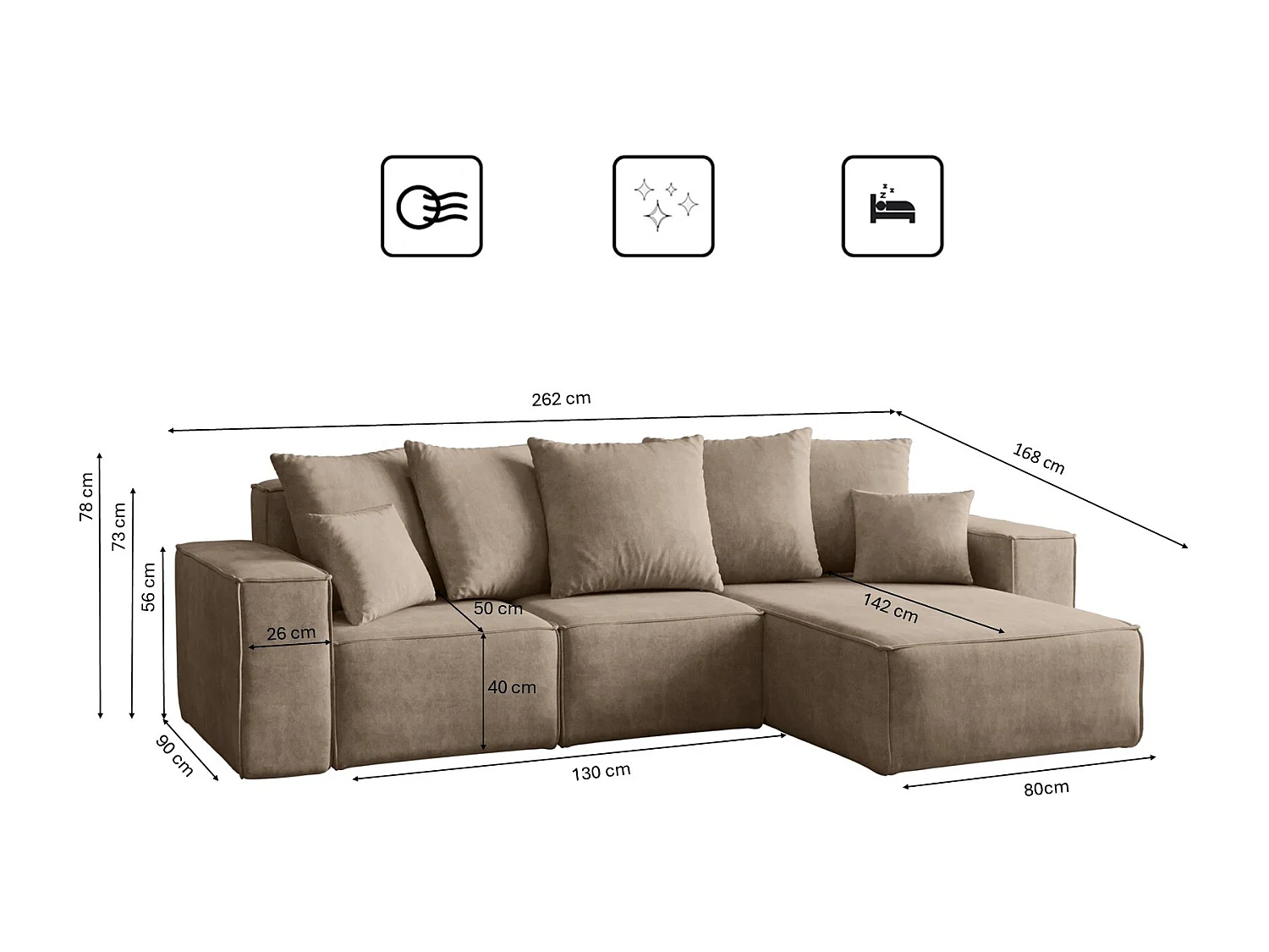 Canapé d'angle en L, collection premium ELLA, tissu Noel, beige, droit