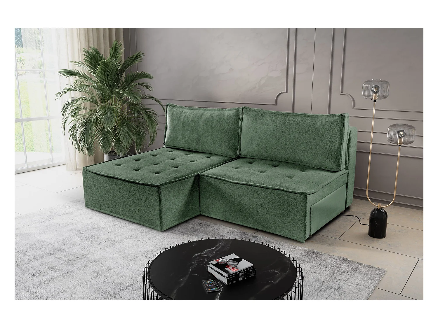 Bohoo Mini canapé d'angle avec fonction couchage, tissu Raven, vert clair, gauche