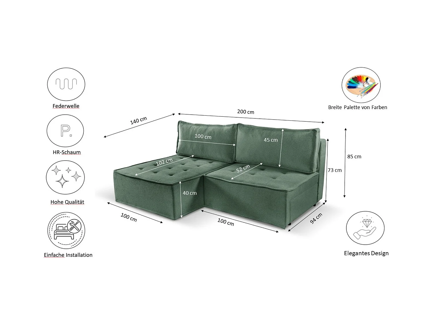 Bohoo Mini canapé d'angle avec fonction couchage, tissu Raven, vert clair, gauche