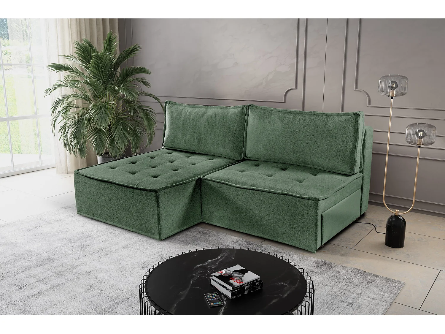 Bohoo Mini canapé d'angle avec fonction couchage, tissu Raven, vert clair, gauche