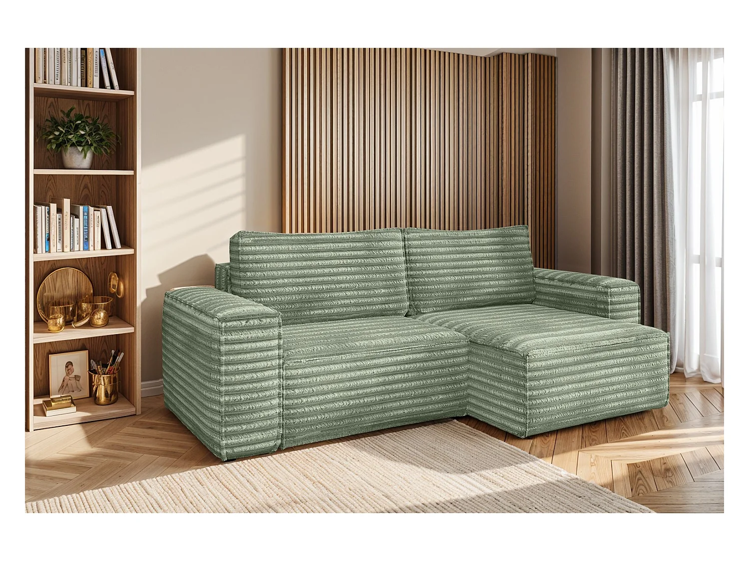 L-förmiges Bohoo-Ecksofa mit Schlaffunktion, Stoff Velo, Olive, Rechts
