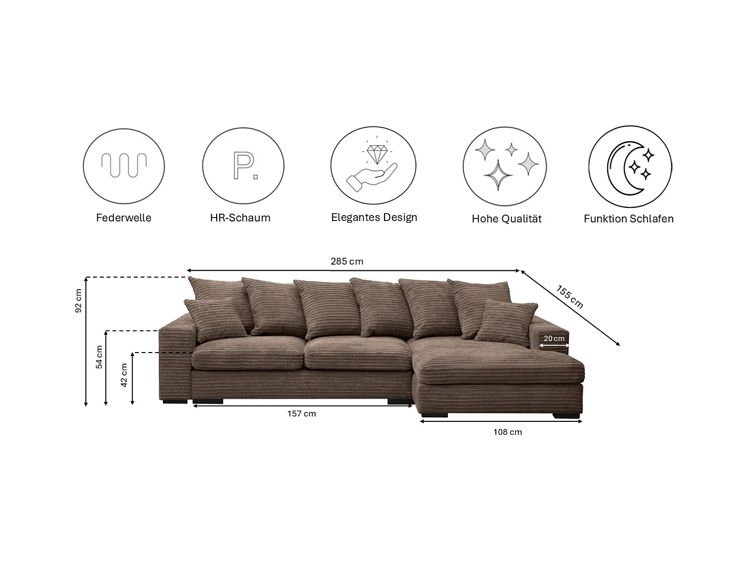 Canapé d'angle avec fonction couchage et coffre de lit, Canapé forme L, Canapé forme L tissu Gabon Zoom Marron Droite