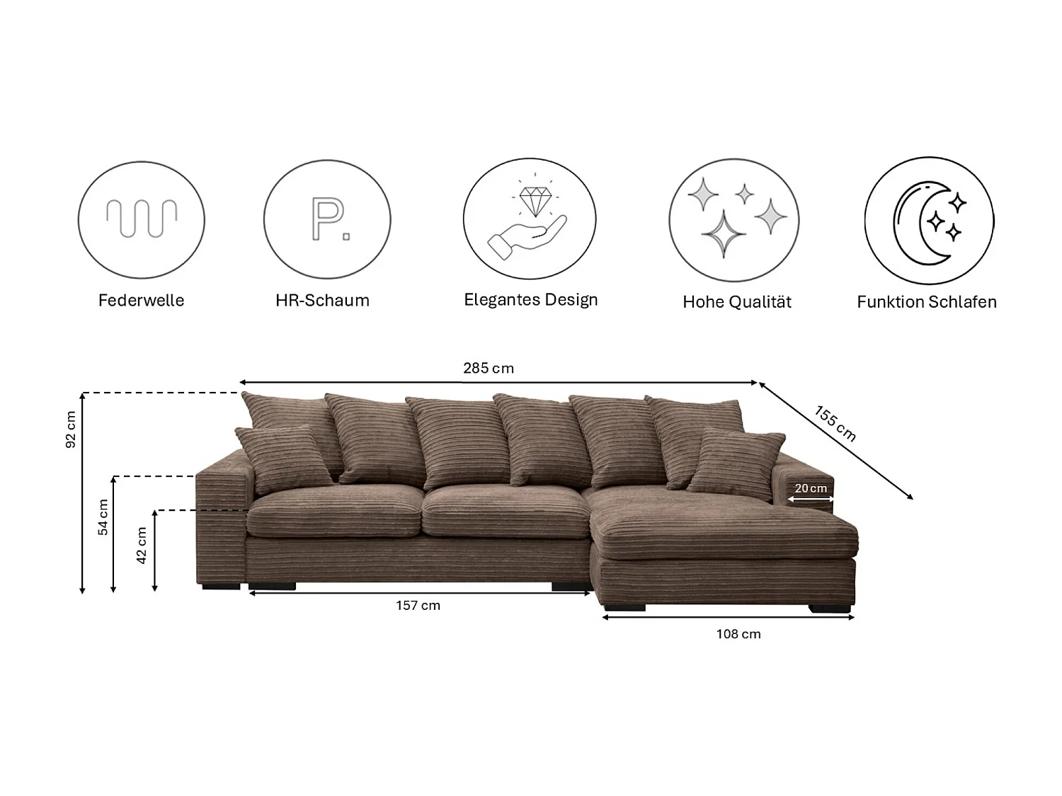 Canapé d'angle avec fonction couchage et coffre de lit, Canapé forme L, Canapé forme L tissu Gabon Zoom Marron Droite