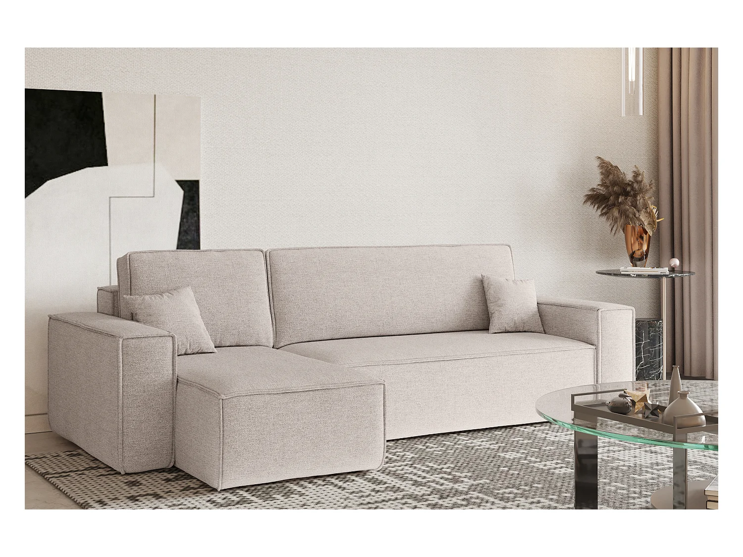 Canapé d'angle Best en L avec fonction couchage et coffre de lit, tissu Neve, beige, gauche