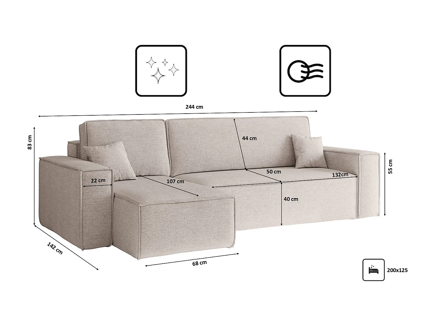 Canapé d'angle Best en L avec fonction couchage et coffre de lit, tissu Neve, beige, gauche