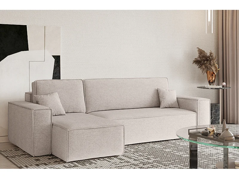 Hoekbank, L-vorm met slaapfunctie en bedkast, stof Neve, beige, links