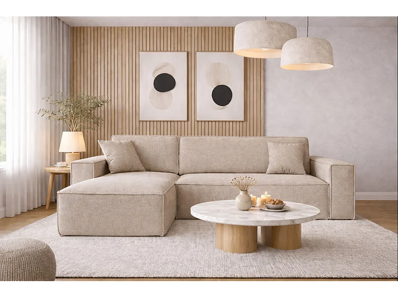 Hoekbank, L-vorm met slaapfunctie en bedkast, stof Neve, beige, links