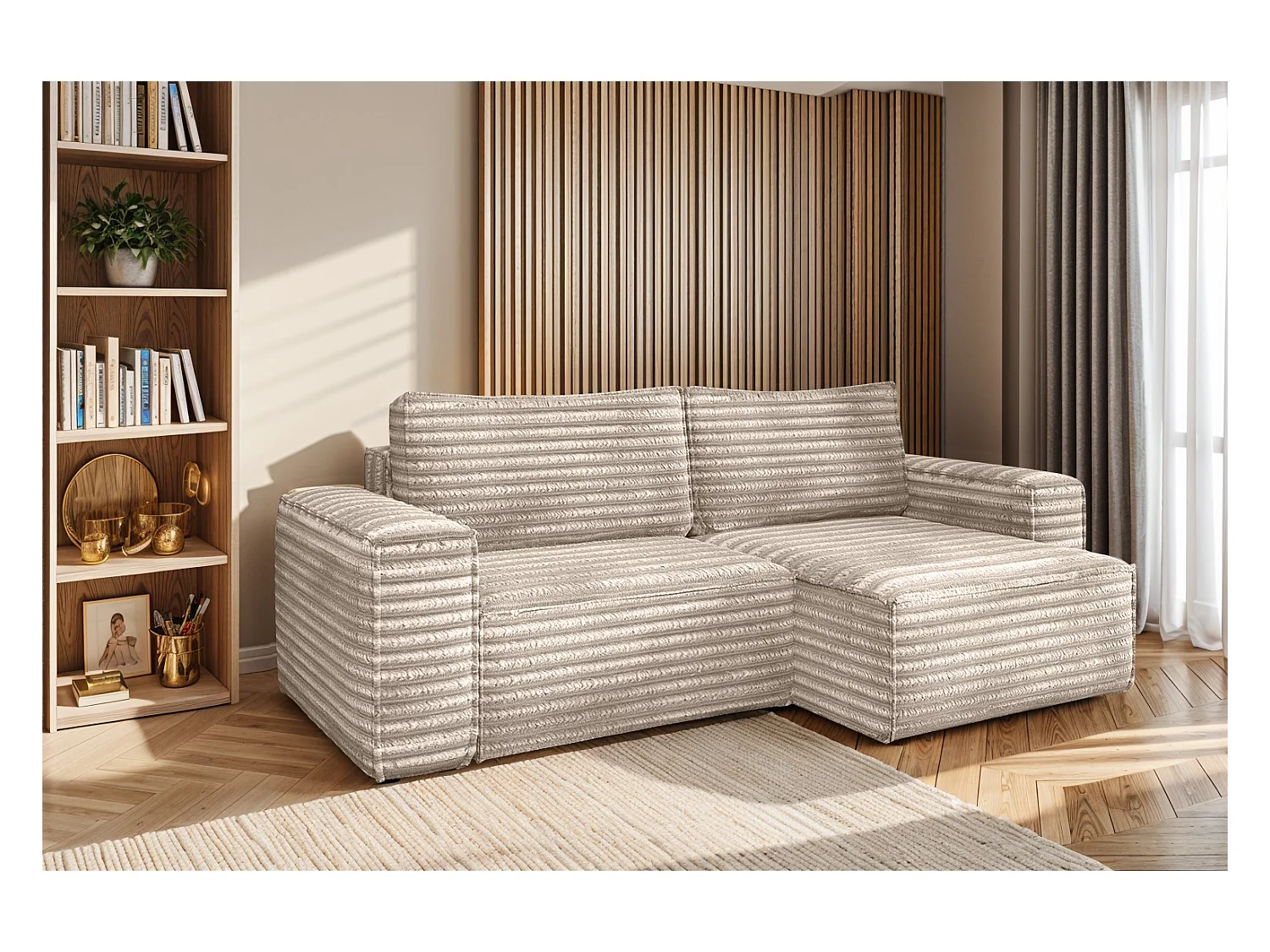 L-förmiges Bohoo-Ecksofa mit Schlaffunktion, Stoff Velo, Beige, Rechts