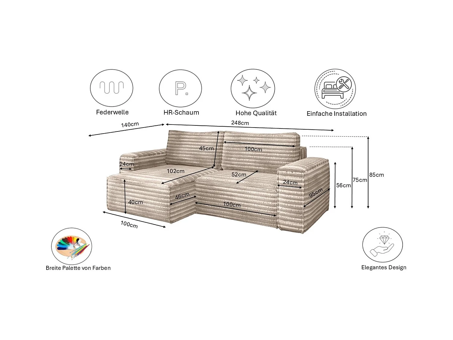 L-förmiges Bohoo-Ecksofa mit Schlaffunktion, Stoff Velo, Beige, Rechts
