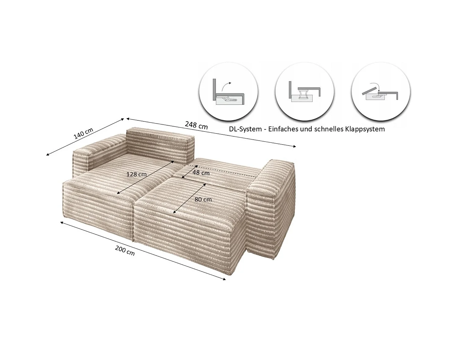 L-förmiges Bohoo-Ecksofa mit Schlaffunktion, Stoff Velo, Beige, Rechts
