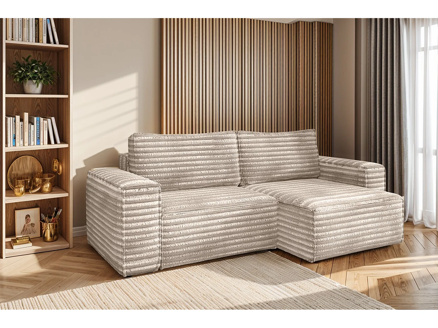 L-förmiges Bohoo-Ecksofa mit Schlaffunktion, Stoff Velo, Beige, Rechts