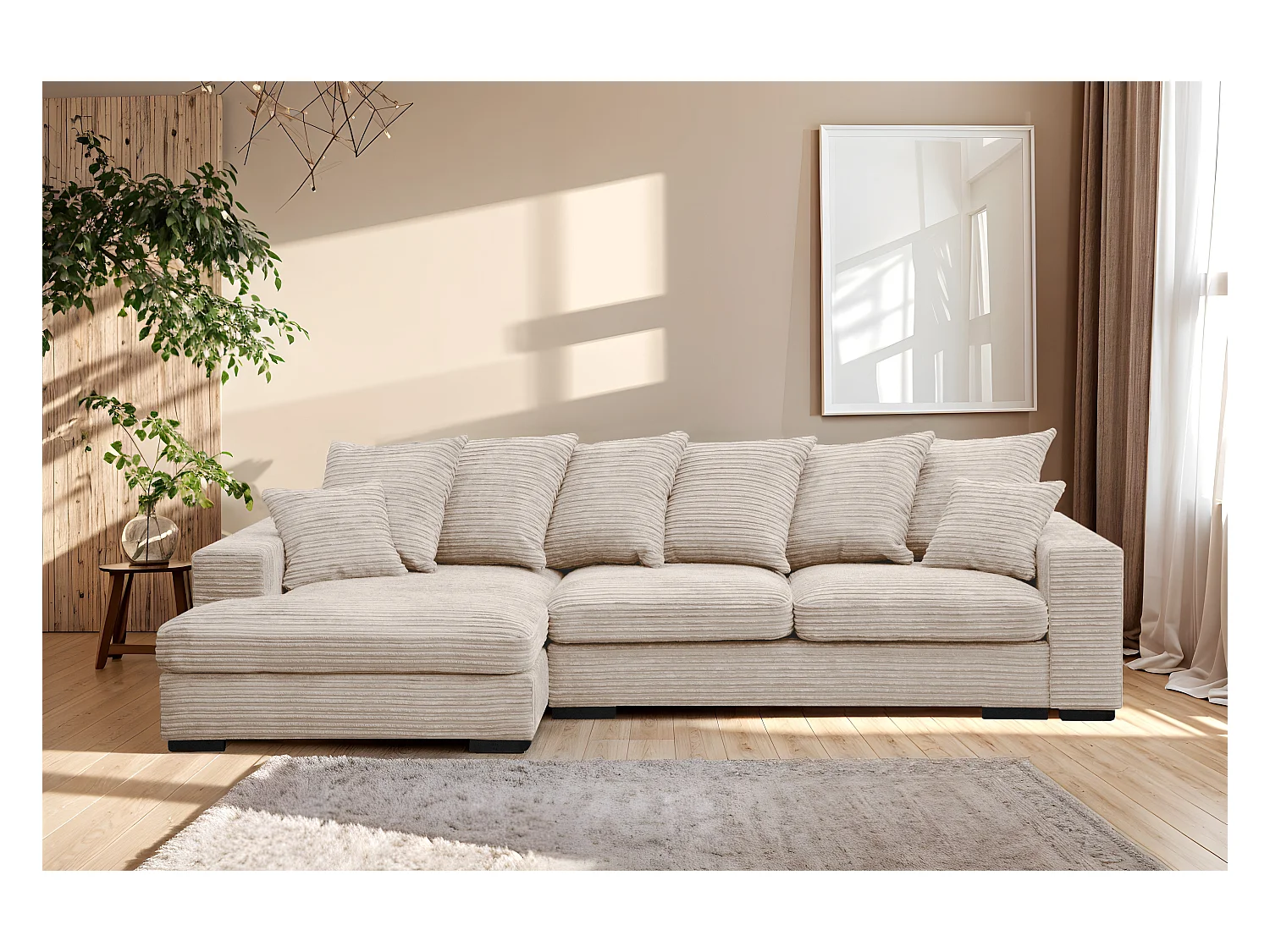 Canapé d'angle avec fonction couchage et coffre de lit, Canapé forme L, Canapé forme L tissu Gabon Zoom Crème Gauche