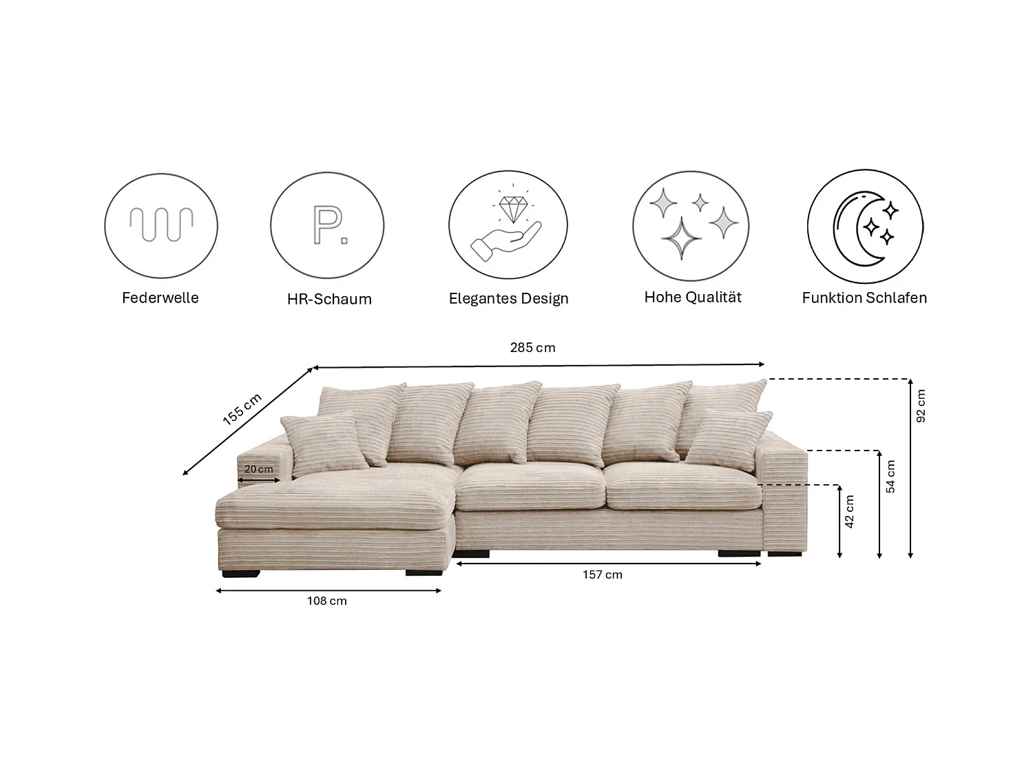 Canapé d'angle avec fonction couchage et coffre de lit, Canapé forme L, Canapé forme L tissu Gabon Zoom Crème Gauche