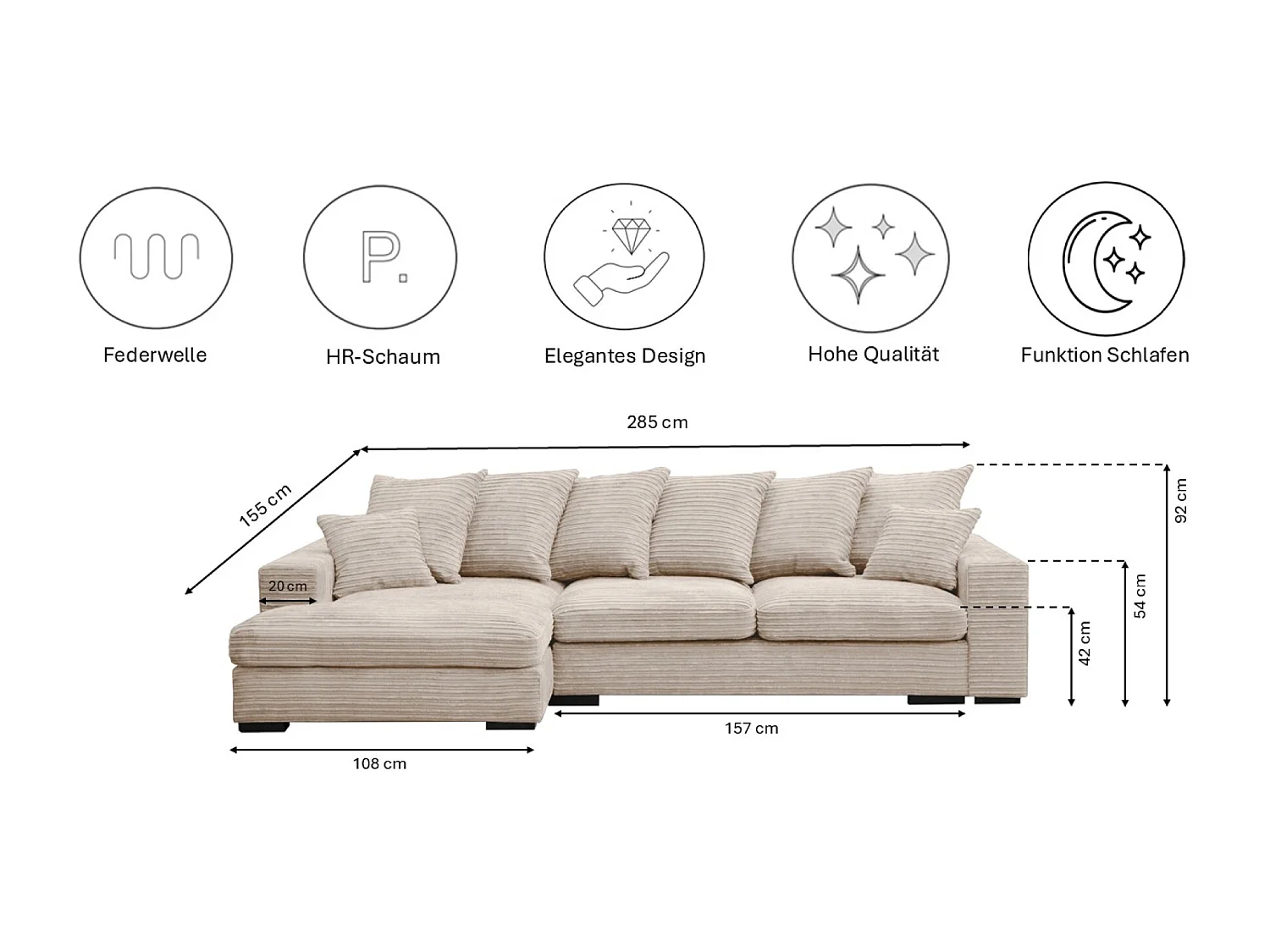 Canapé d'angle avec fonction couchage et coffre de lit, Canapé forme L, Canapé forme L tissu Gabon Zoom Crème Gauche