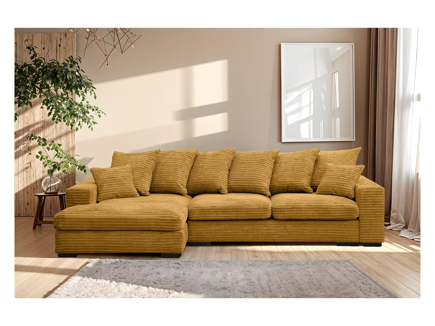 Canapé d'angle avec fonction couchage et coffre de lit, Canapé forme L, Canapé forme L tissu Gabon Zoom Jaune Gauche