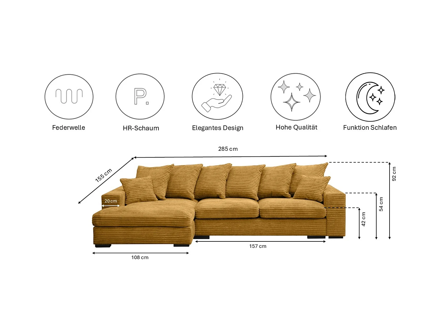 Canapé d'angle avec fonction couchage et coffre de lit, Canapé forme L, Canapé forme L tissu Gabon Zoom Jaune Gauche