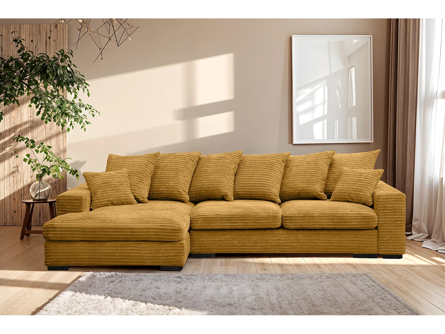 Canapé d'angle avec fonction couchage et coffre de lit, Canapé forme L, Canapé forme L tissu Gabon Zoom Jaune Gauche