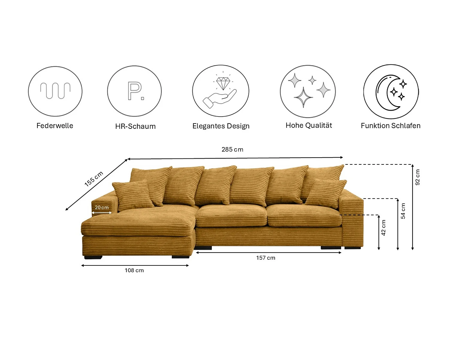 Canapé d'angle avec fonction couchage et coffre de lit, Canapé forme L, Canapé forme L tissu Gabon Zoom Jaune Gauche