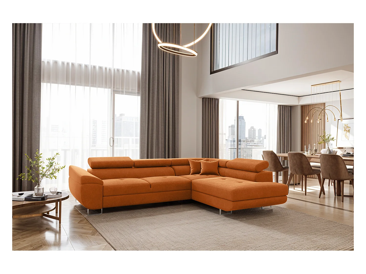 Canapé d'angle en L FALIO avec fonction couchage, tissu Noel, orange, droit