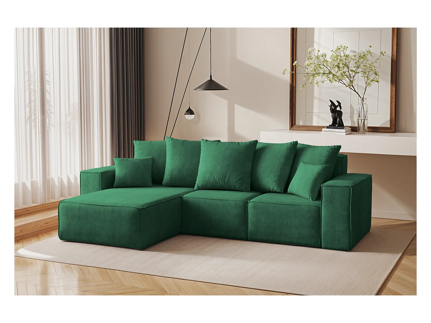 Canapé d'angle en L, collection premium ELLA, tissu Noel, vert, gauche