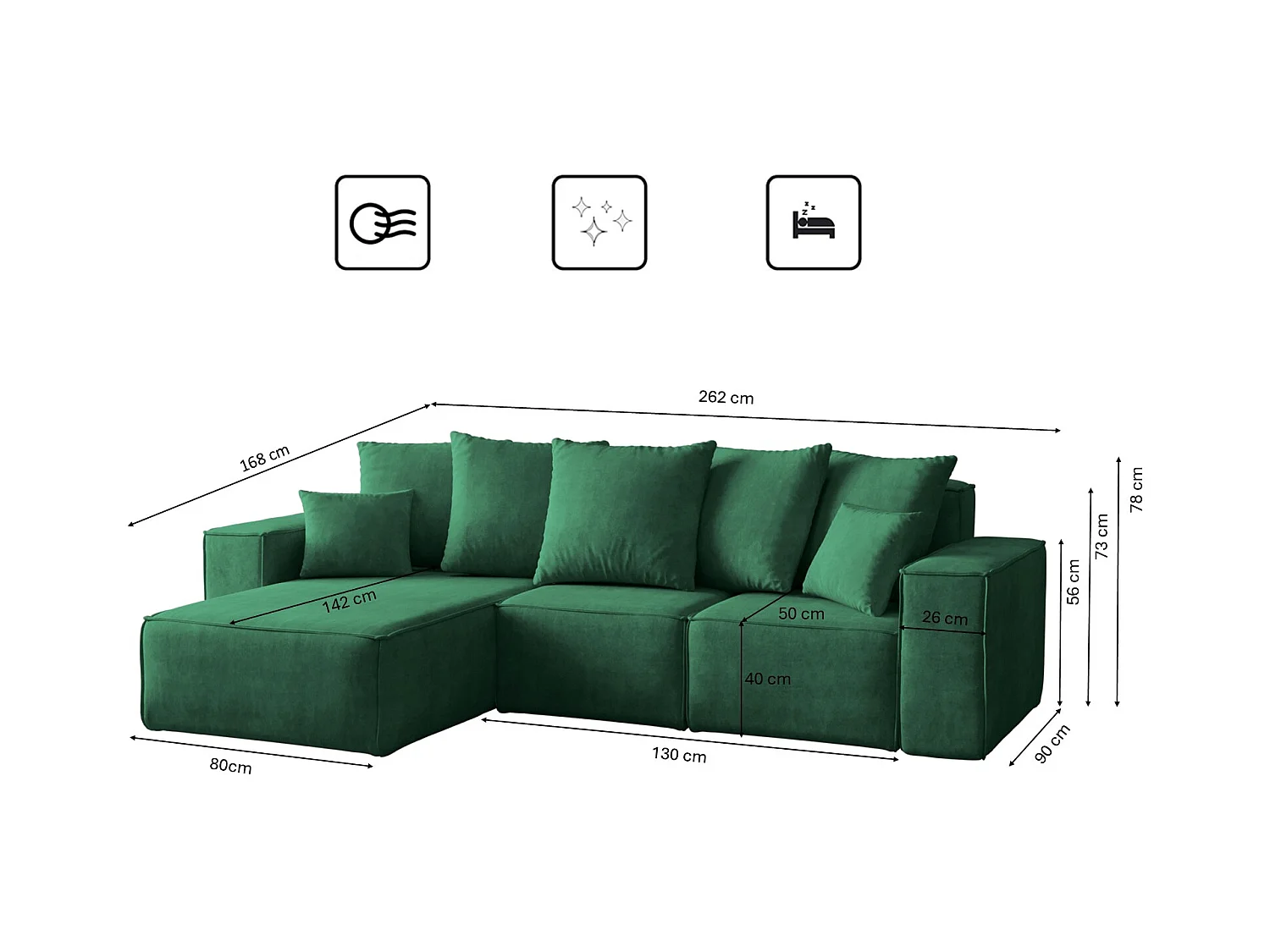 Canapé d'angle en L, collection premium ELLA, tissu Noel, vert, gauche