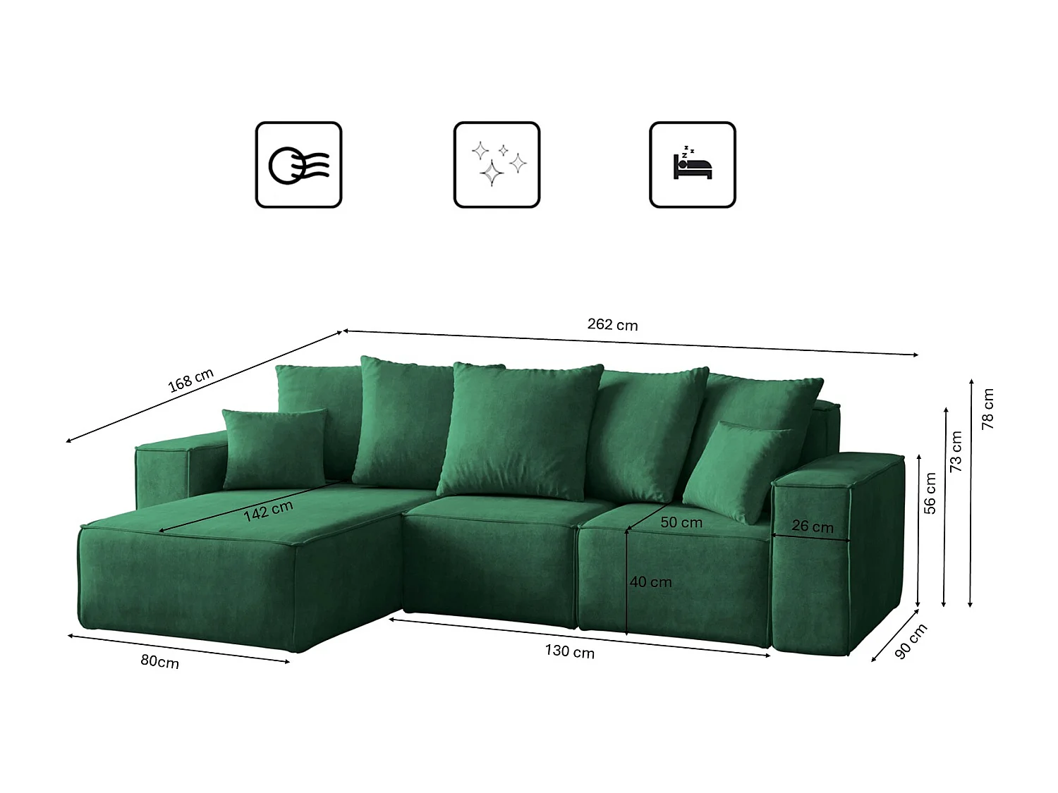 Canapé d'angle en L, collection premium ELLA, tissu Noel, vert, gauche