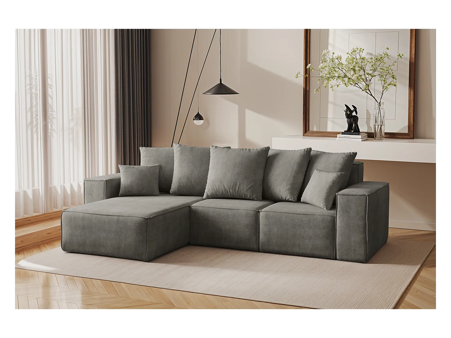 Canapé d'angle en L, Collection Premium ELLA, tissu Noel, gris, gauche