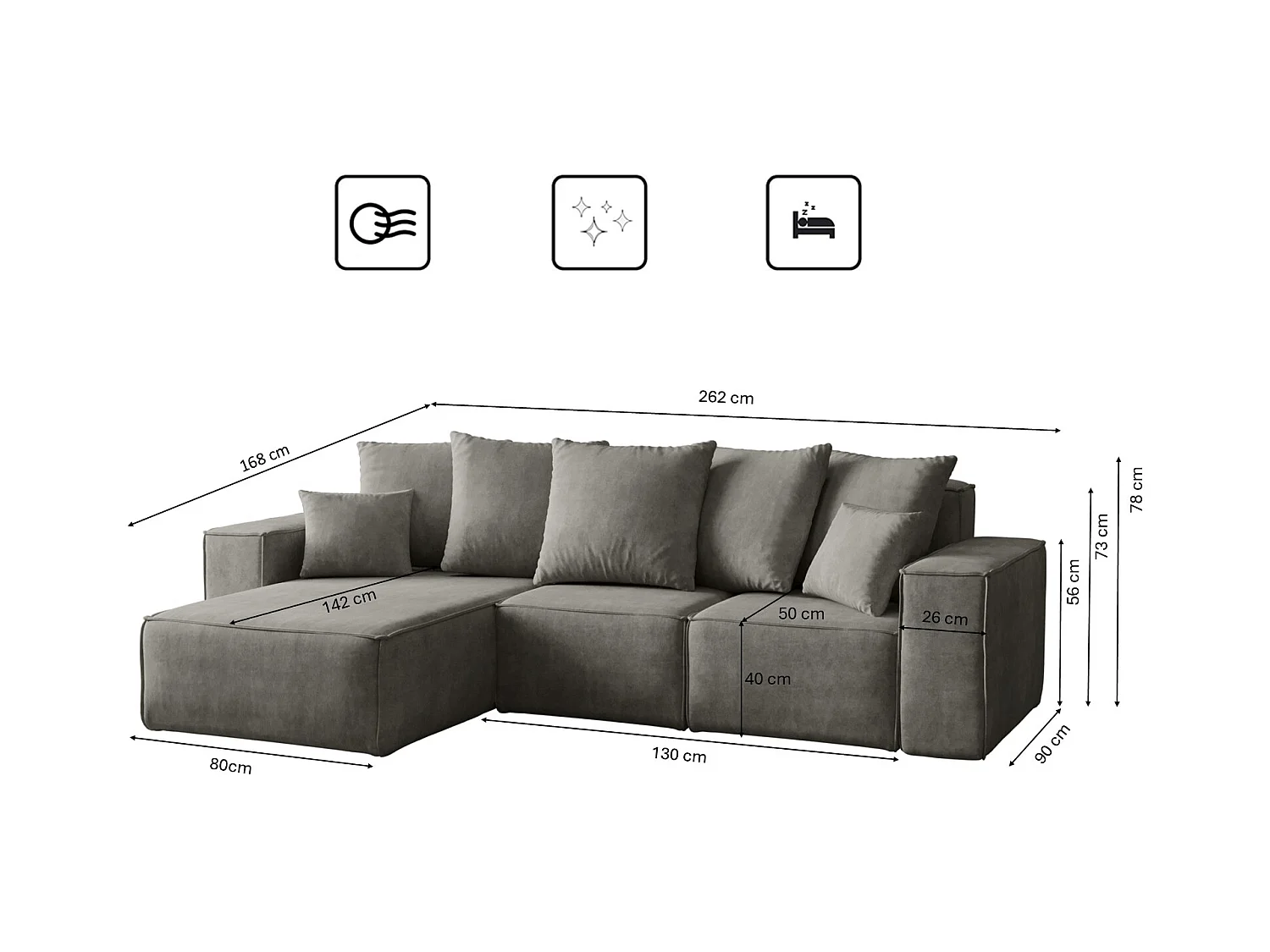 Canapé d'angle en L, Collection Premium ELLA, tissu Noel, gris, gauche